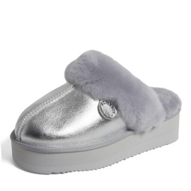 Dearfoams Women's Fireside Melton Shearling Slippers Scuff, Silver Platform, 7