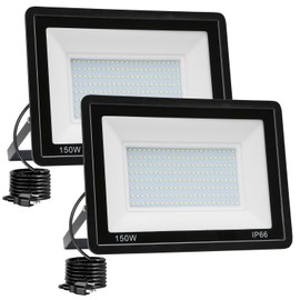 QIYEKA 2 Pack 150W LED Flood Light Outdoor,15000LM Work Spotlight with US Plug,6500K Daylight White,IP66 Waterproof Exterior Security Floodlights for Yard,Garden,Backyard,Patio,Stadium,Parking Lot