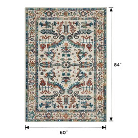 Joydeco 5x7 Area Rugs for Living Room, Non Slip Machine Washable Vintage Rug, Low Pile Non Slip Chenille Print Rugs for Bedroom, Dining Room, Home Office, Pet & Child Friendly, Blue Beige&Brown