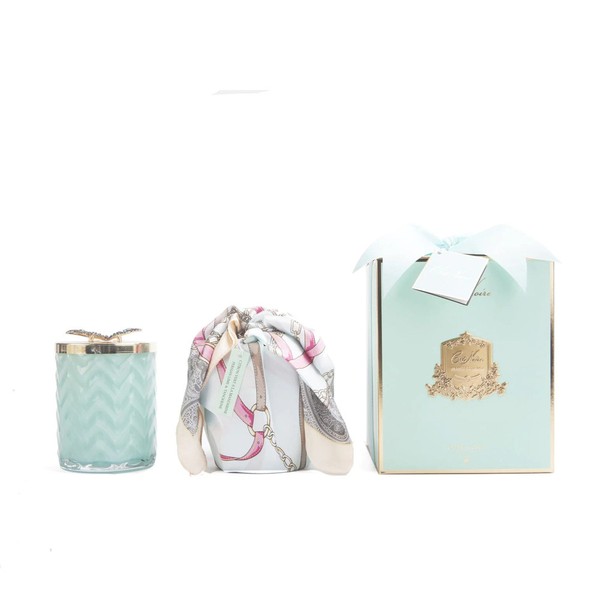 Cote Noire-Jade Herringbone Candle with Scarf Tiffany Blue & Gold and Butterfly Lid