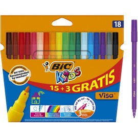 BIC Kids Visa Felt Tip Colouring Pens Set, Assorted Ink Colours and Fine Point, Ideal for School, Pack of 18, black