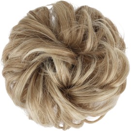 FESHFEN Messy Hair Bun Hair Pieces Elastic Wavy Curly Hair Bun Scrunchies Extensions Synthetic Chignon Hairpieces for Women Girls, Mixed Blonde and Ash Blonde Tips 1 PCS