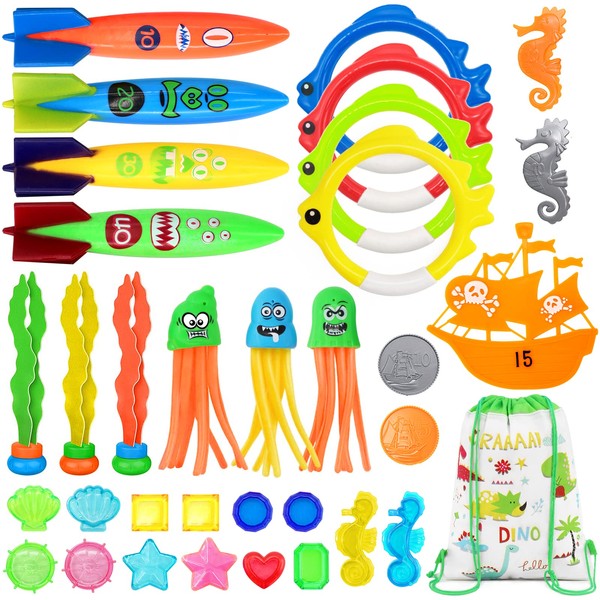Newthinking 34PCS Diving Toys for Swimming Pool, Kids Swimming Pool Toys with Sinkers Torpedo Fish Rings, Underwater Pool Diving Toys for Kids
