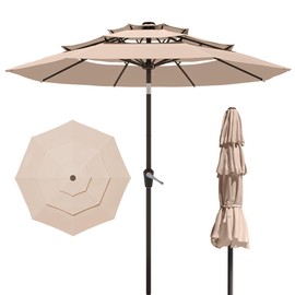PatioKingdom 9FT 3 Tiers Patio Umbrella,Outdoor Table Market Umbrella with 8 Fiberglass Ribs for Pool,Deck, Garden,Backyard,Beige