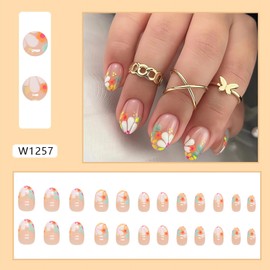 24 Pcs Short Oval Press on Nails Colorful Flower Fake Nails Short Floral French Tip Glue on Nails Summer False Nails Press ons Reusable Stick on Nails for Women Finger Manicure Decorations