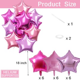 18Pcs Purple Pink Star Foil Balloons, 18 Inch Pink Star Foil Balloons Pink Aluminum Foil Balloons Hot Pink Purple Stars Mylar Helium Balloons for Girls Women Birthday Wedding Baby Shower