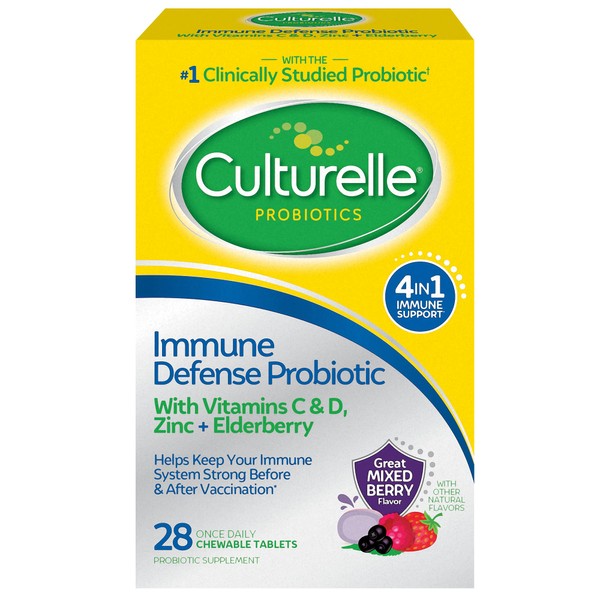 Culturelle Immune Defense Daily Probiotic for Women & Men - 28 Count, Mixed Berry Chewables with 4-in-1 Immune Support. Probiotic Vitamin C, Vitamin D, and Zinc Plus Elderberry