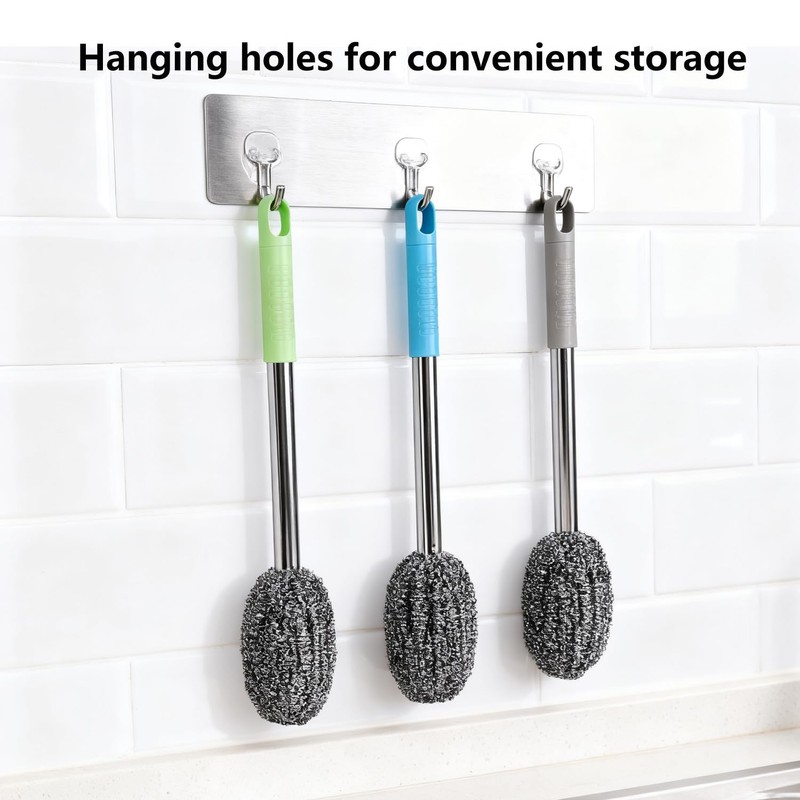 3-Pack Steel Wool Scrubber with Long Handle, Kitchen Dishwashing Pot