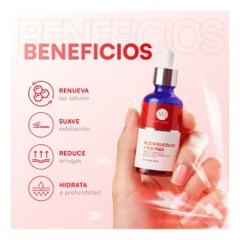 MIST JEWEL Serum Ácido Glicólico + Ácido hialurónico + Colágeno + Tea tree exfoliante efecto peeling. Suero facial aclarante y renovación del cutis, a