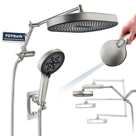PDPBath 14 Inch Rain Shower Head with 5+1 Settings Handheld Spray Combo, High Pressure Rainfall Shower Head with 16'' Adjustable Extension Arm, 79" Extra Long Hose, 3-Way Diverter, Brushed Nickel