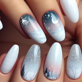 Winter Press on Nails Medium Almond Fake Nails Winter Scenery Glitter False Nails Artificial Nail with Snowy Forest Snowflake Designs Full Cover Glue on Nails for Women Christmas DIY Nail Art 24Pcs
