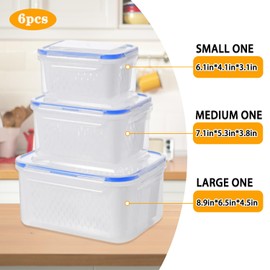 LKOOYFHE Food Storage Containers with Drain Basket, 6-Piece Set (3 Sizes), Airtight Produce Saver Bins with Lids for Fridge (Blue)