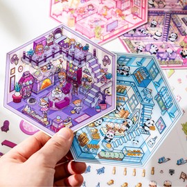 8 Sets Animals 3D Sticker Scene 3D House Stickers with Tweezers Rabbit Panda Capybara Scenes Make Your Own House Miniature Scene Stickers