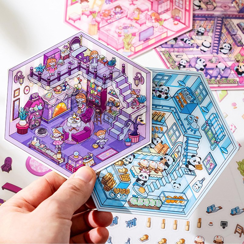 8 Sets Animals 3D Sticker Scene 3D House Stickers with