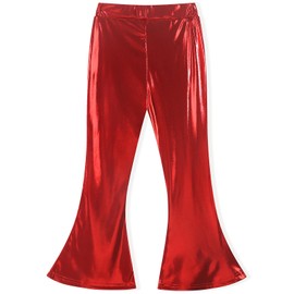 Noomelfish Girls Metallic Flare Leggings Pants Kids Yoga Disco Dance Bell Bottoms, Red, Size 9-10 Years