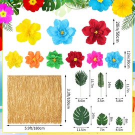 Tingjoo 35 Pcs Luau Grass Backdrop with Paper Flowers Decorations Set 5.9ftx3.3ft Grass Hawaiian Backdrop Hibiscus Flower Set Luau Party Decor Hawaiian Party Decorations Luau Party Tiki Bar Decor