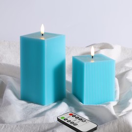 Girimax Turquoise Blue Square Ribbed Flameless Candles with Remote, Flickering Battery LED Wax Candles Set of 2