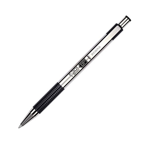 Zebra Pen 27310 F-301 Ballpoint Stainless Steel Retractable Pen, Bold Point, 1.6mm, Black Ink, 12-Count