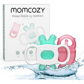 Momcozy Baby Teether Toys, Water Fillable Silicone Cold Baby Teething Toys Chill Teether, Baby Water Teether for Teething Relief 0-12 Months, Green and Pink 2 Pcs