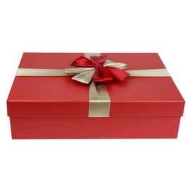 Emartbuy Rigid Gift Box, 31.5 x 23 x 8.5 cm, Red Box with Lid, Brown Interior and Gold Red Ribbon and 50g Shredded Paper in Red