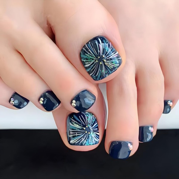 24Pcs Blue Fireworks Press on Toenails Short Square Summer Blue