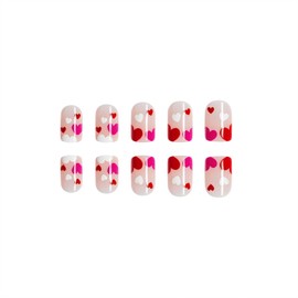 Valentine's Day Press on Nails Short Square Fake Nails with Pink Red White Heart Designs Glossy Glue on Nails Cute Acrylic Nails Nude False Nails Valentines Stick on Nails for Women 24Pcs