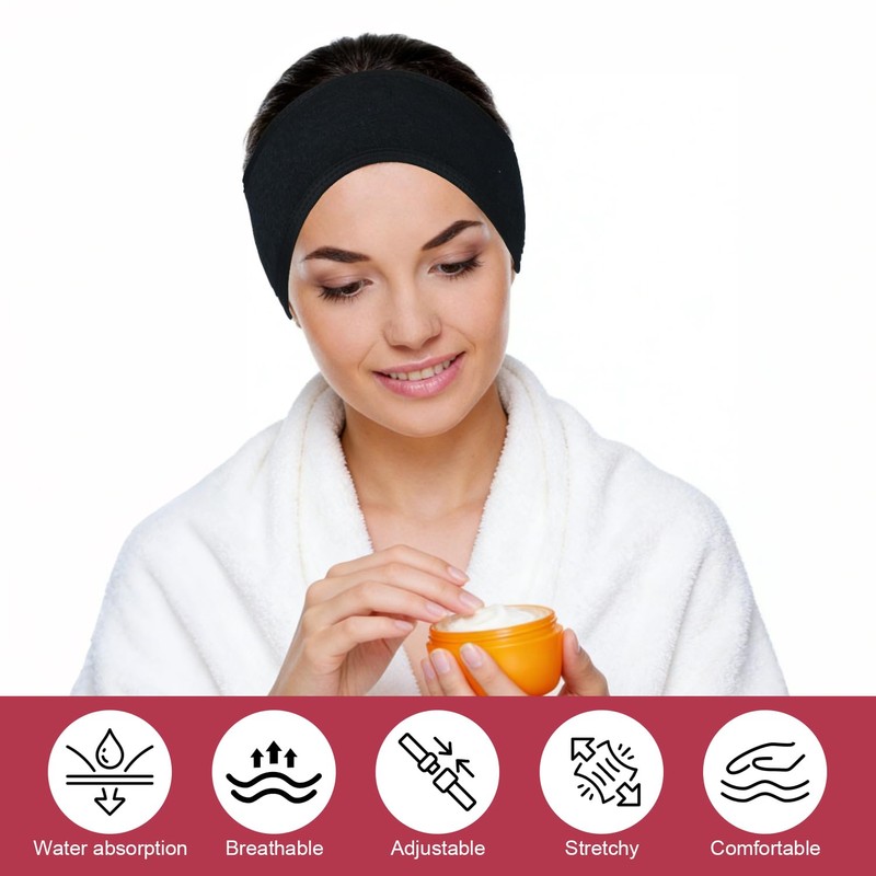 Spa Headband 2 Pack, Non-Slip Terry Cloth Sweat, Stretchable Adjustable