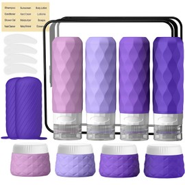 16Pack Travel Bottles for Toiletries, TSA Approved Travel Size Toiletries Containers Set, Silicone Leak Proof Refillable Bottles Elastic Sleeves Creams Jars Accessories Kit W/Clear Bag (Purple)