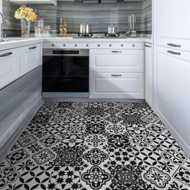 RomDeco 40 Pcs Peel and Stick Floor Tile Black and White Vinyl Flooring 7.87in X 7.87in Peel and Stick Flooring for Kitchen Bathroom (10 Different Pattern)