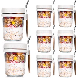 8 Pcs 10 oz Overnight Oats Containers with Lids and Spoons Large Capacity Airtight Oatmeal Overnight Oat Jars with Measurement Marks Oatmeal Container for Milk Cereal Fruit (White)