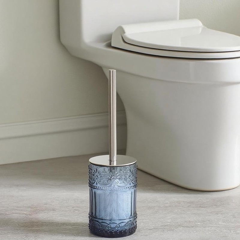 Decorative Glass Toilet Brush and Holder Set, 14.8 inch Height,