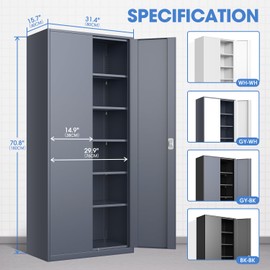 DNA MOTORING 71'' Metal Storage Cabinet, Locking Tool Cabinet with 5 Adjustable Shelves, Heavy Duty Metal Locker for Garage,Office,Home,Gym,Gray, TOOLS-00632-GY-GY-A