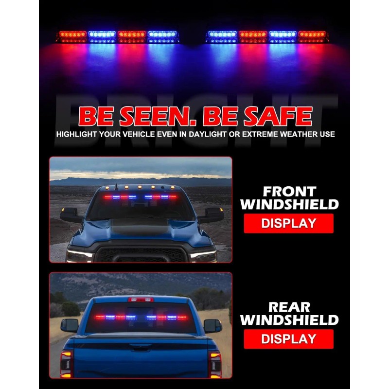 Emergency Dash Strobe Lights 2x16.8" Red/Blue 48W LED Safety Flashing