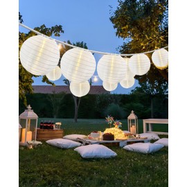 Pallerina 25Ft White Lantern String Lights with 10pcs G40 LED Bulbs,Nylon Hanging Chinese White Lanterns Connectable for Indoor Outdoor,Summer Camping,Wedding,Bedroom,White Wire