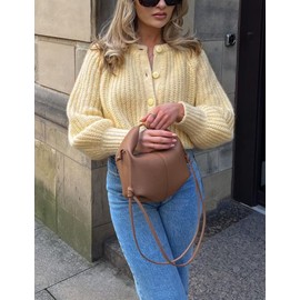 VDWIP Womens Cardigan Sweaters Button Down Chunky Knit Sweater Fall Loose Long Sleeve Cropped Cardigan(Yellow-M)