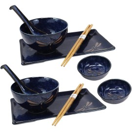 Japanese Pair Of Dragonfly Blue Motif Ceramic Sushi Dinnerware 10pc Set For Two