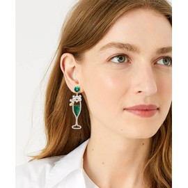 NVENF Champagne Wine Glass Earrings for Women Glitter Rhinestone Champagne Flute Earrings Pearl Beaded Dangle Drop Earrings for Party Holiday Celebration Gifts (Green)