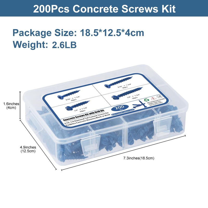 SATANTECH Concrete Screws with Drill Bit, 200Pcs Concrete Screw 1/4