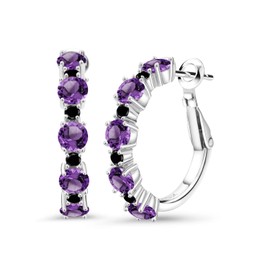 Gem Stone King 925 Sterling Silver Purple Amethyst and Black Diamond Hoop Earrings For Women (2.76 Cttw, Round 4MM and 1.9MM, Gemstone Birthstone 1 Inch Diameter)