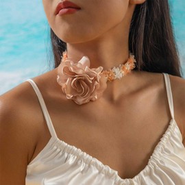 Enautoabs Vintage Flower Choker Necklace Ribbon Flower Collar Necklace Apricot Big Flower Necklace Satin Floral Necklace Exaggerated Flower Necklace Cosplay Party Jewelry for Women