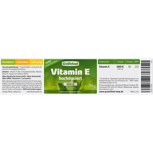 Vitamin E, 400 iE, high dose, 360 capsules - supports