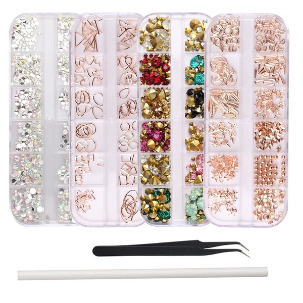 WOKOTO 4Pcs Mix-Style Nail Crystals And Rhinestones Rose Gold Nail Studs Charms For Women Nail Art Colorful Pointed Fake Diamonds And FlatBack AB Rhinestones Kit With Tweezers And Picker Pencil