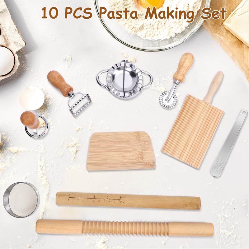 MEKOTRIN 10 Pcs Pasta Making Tools Set, Wooden Threaded Rolling