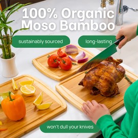 Organic Bamboo Cutting Board Set of 3 with Lifetime Replacements - Wood Cutting Board Set with Juice Groove - Wooden Chopping board Set for Kitchen, Meat and Cheese - Wooden Cutting Boards for Kitchen