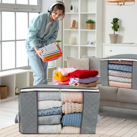 combocube Pack of 3 Storage Bags, Storage Boxes with Lid, Large Foldable Storage Clothes with Reinforced Handles, Moving Boxes for Duvets, Quilts, Pillows, Bedding, Grey