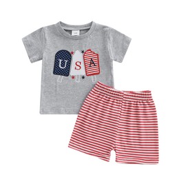 Meiweileya Toddler Baby Boy Girl 4th Of July Outfit USA Popsicle Short Sleeve Patriotic Tshirt Striped Shorts Independence Day Clothes (Gray, 6-12 Months)