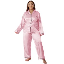 Vozanet Women's Plus Size Button Down Pajama Sets Satin Silky Long Sleeve Long Pants Sleepwear Loungewear Nighty XL to 5XL 2pcs Ladies V Neck PJS Jammies, Light Pink, 3X-Large