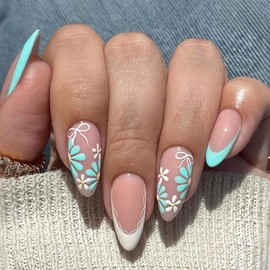 BQZQPAMZ 24pcs Green French Tip Press On Nails Flower Full Coverage Acrylic Nails Medium Almond Fake Nails Spring Press On Fingernails for Women Floral Nail Art Decoration Supplies