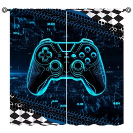 Gamepad Window Curtain Modern Game Video Game Controller Neon Lights Modern Geometric Window Treatment for Kids Boys Girls Teens Bedroom Living Room Decor Window Drapes 42" W X 45" L