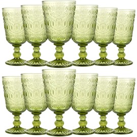 Eaasty Wine Glasses Set of 12 Vintage Goblet 9 oz Vintage Colored Glass Goblet Beverage Stemmed Glass Cups Romantic Embossed Glassware for Wedding Party Holidays Anniversary (Green)